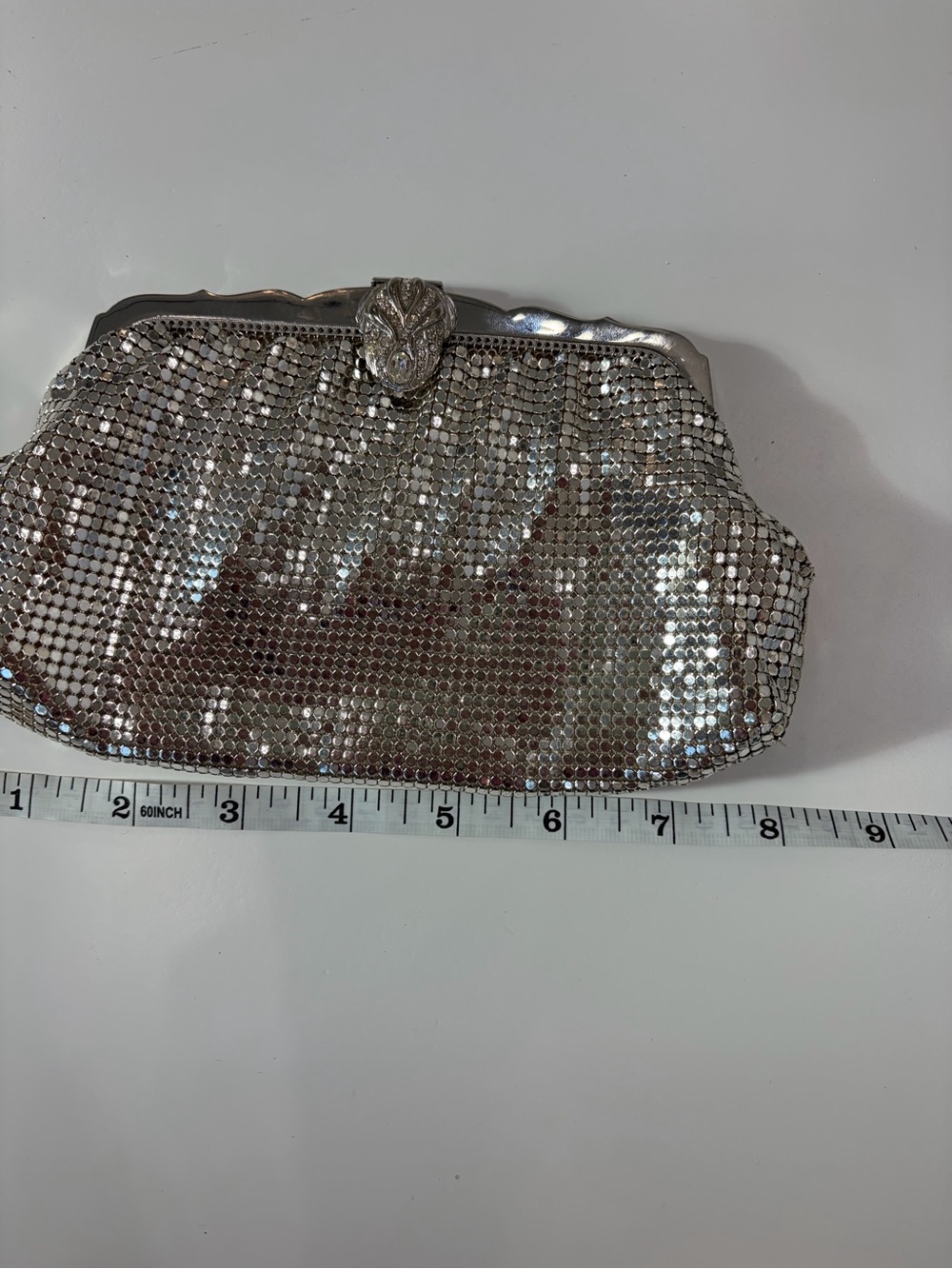 Vintage Whiting & Davis Silver Mesh Evening Bag Art Deco Rhinestone Clasp USA - Picture 10 of 12